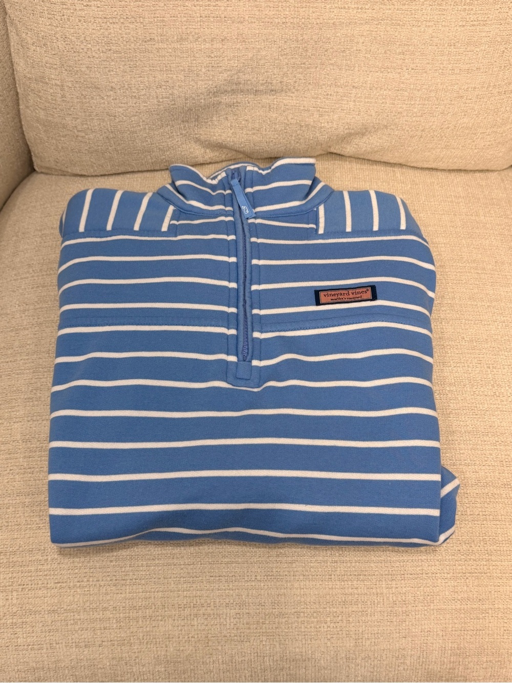 Vineyard Vines Light Blue and White Striped Zip-Up Sweater- Americana Patch